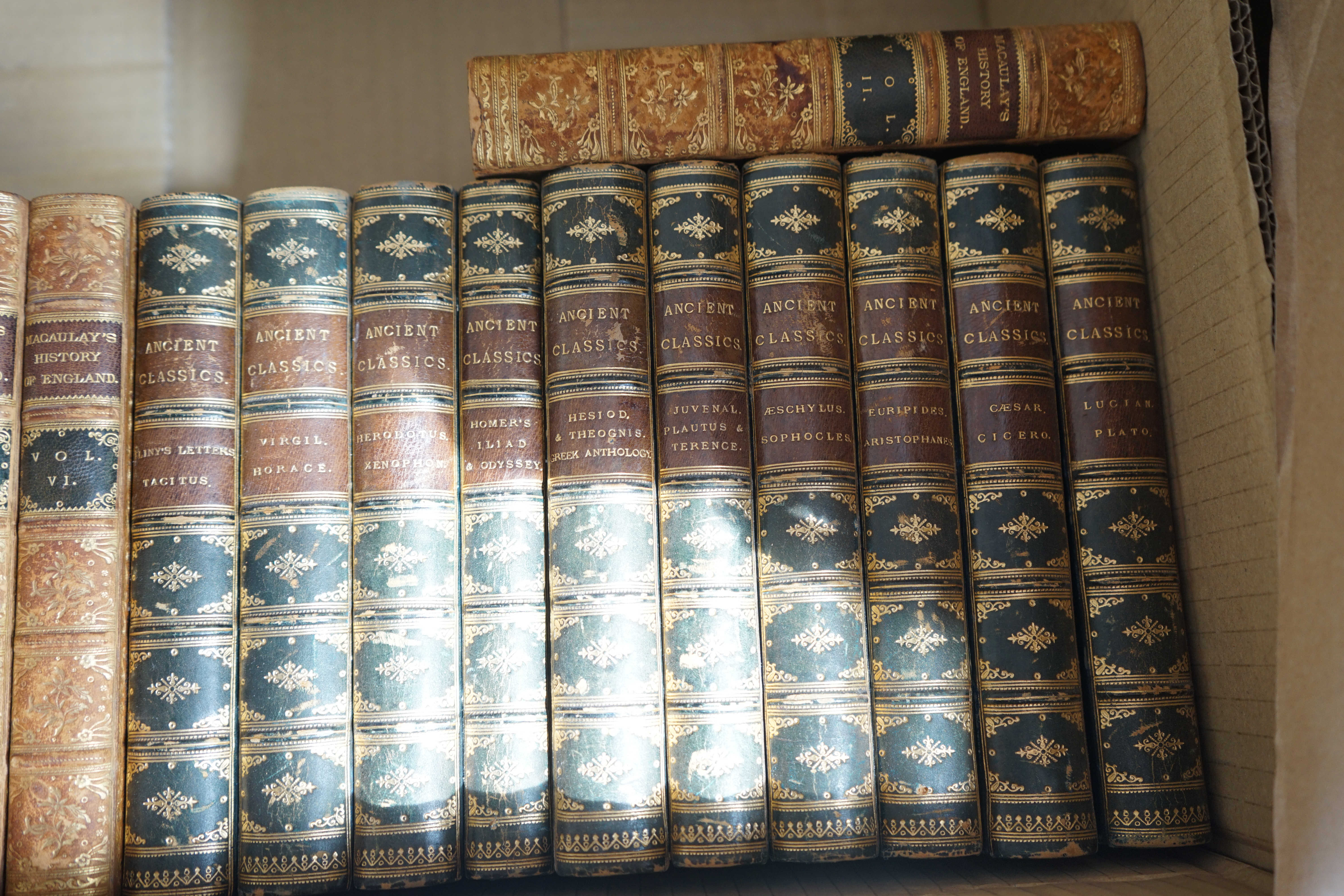 BINDINGS - Macaulay, Thomas Babington - The History of England, 8 vols, 8vo, tree calf, Longmans, Green, and Co., London, 1869 and Collins, W. Lucas (editor) - Ancient Classics for English Readers, 10 vols, half blue mor